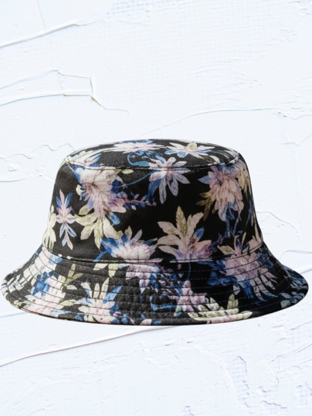 Tropical Blue Purple Yellow Floral Navy Blue Adult Fully LINED Bucket Hat